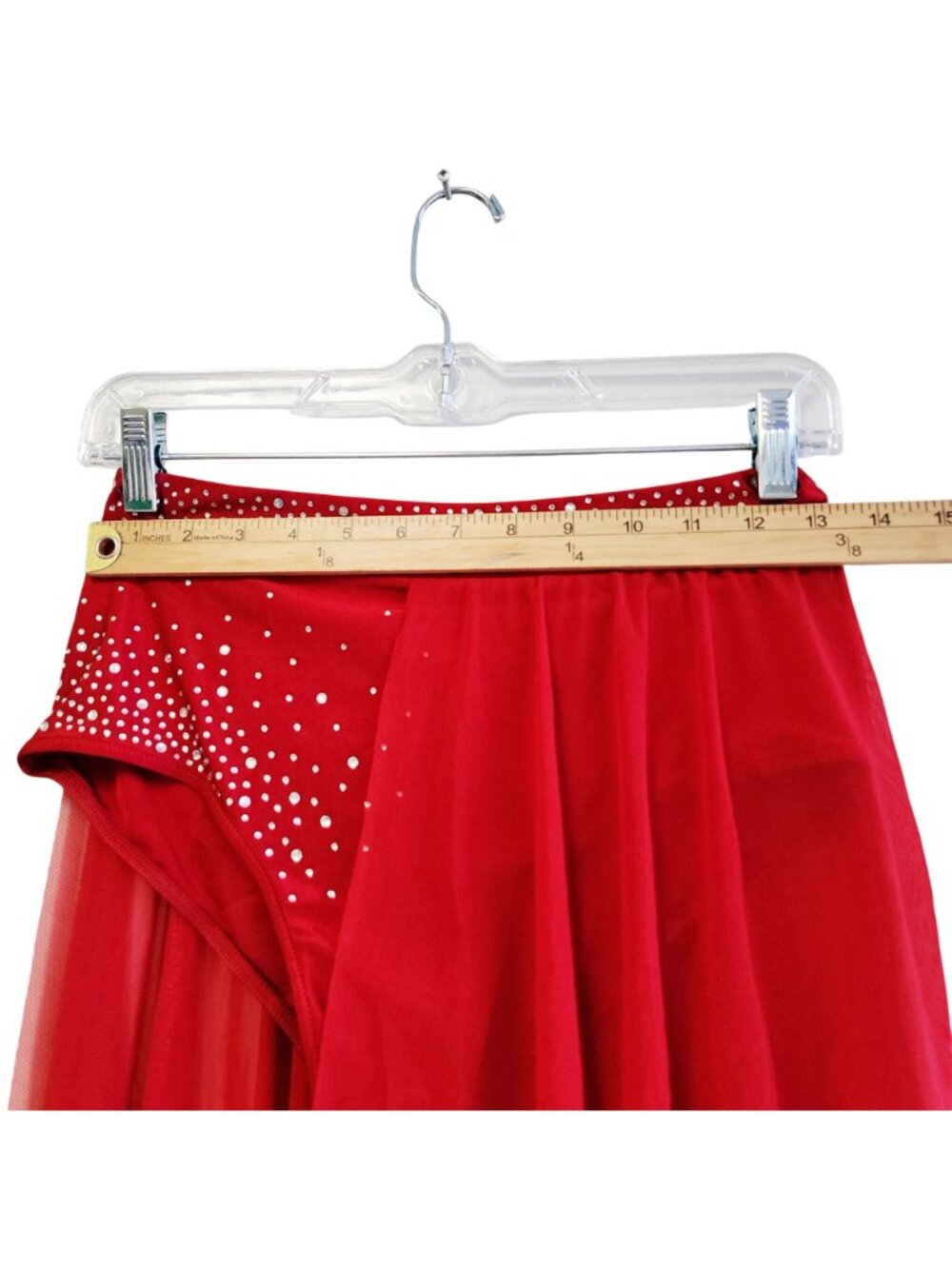 Red Asymmetrical Dance Costume Set  Rhinestones One-Shoulder Top   Skirt Size 14 - Picture 9 of 11